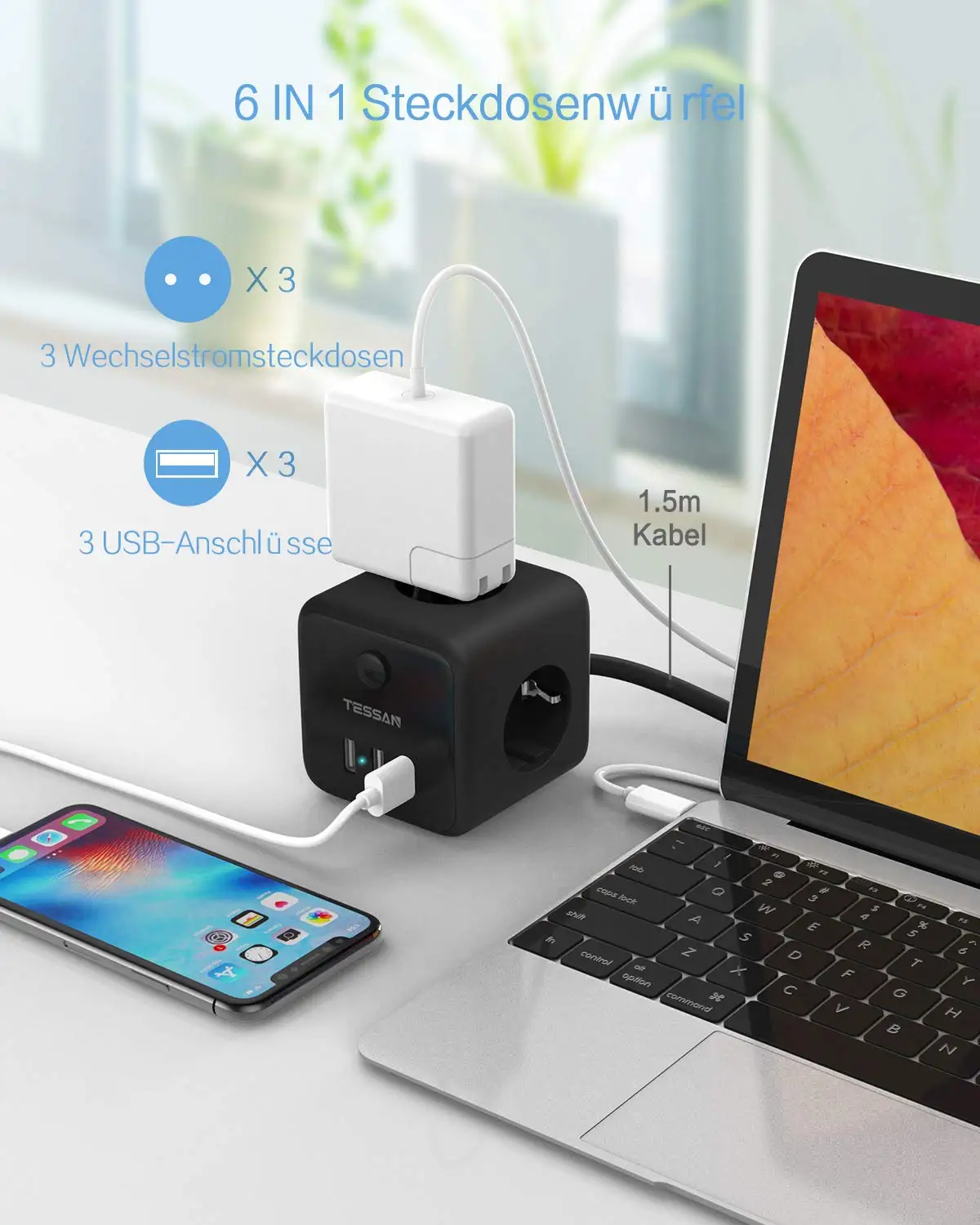 Сетевой фильтр TESSAN с выключателем 3 розетки (2500 Вт/10 а) и USB-порта кабель 1 5 м для