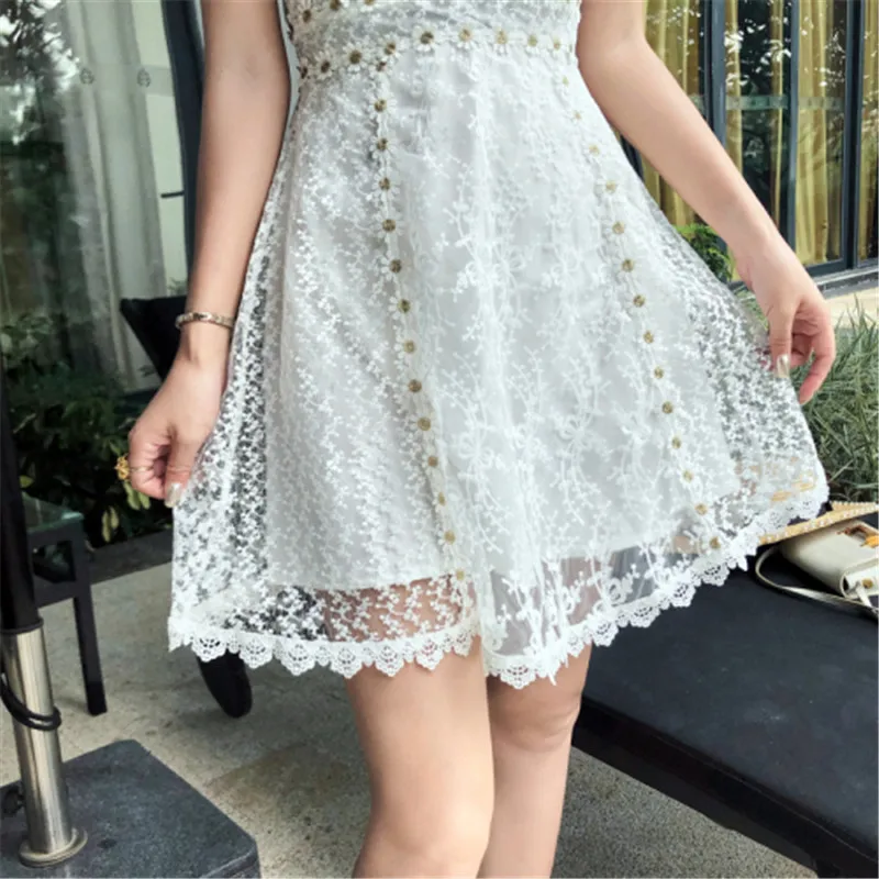 

White Lace Dress Women Flower Embroidery Pearls Lotus Leaf Collar Long Dresses Hollow Out Lace Spring Leisure Party Dresses