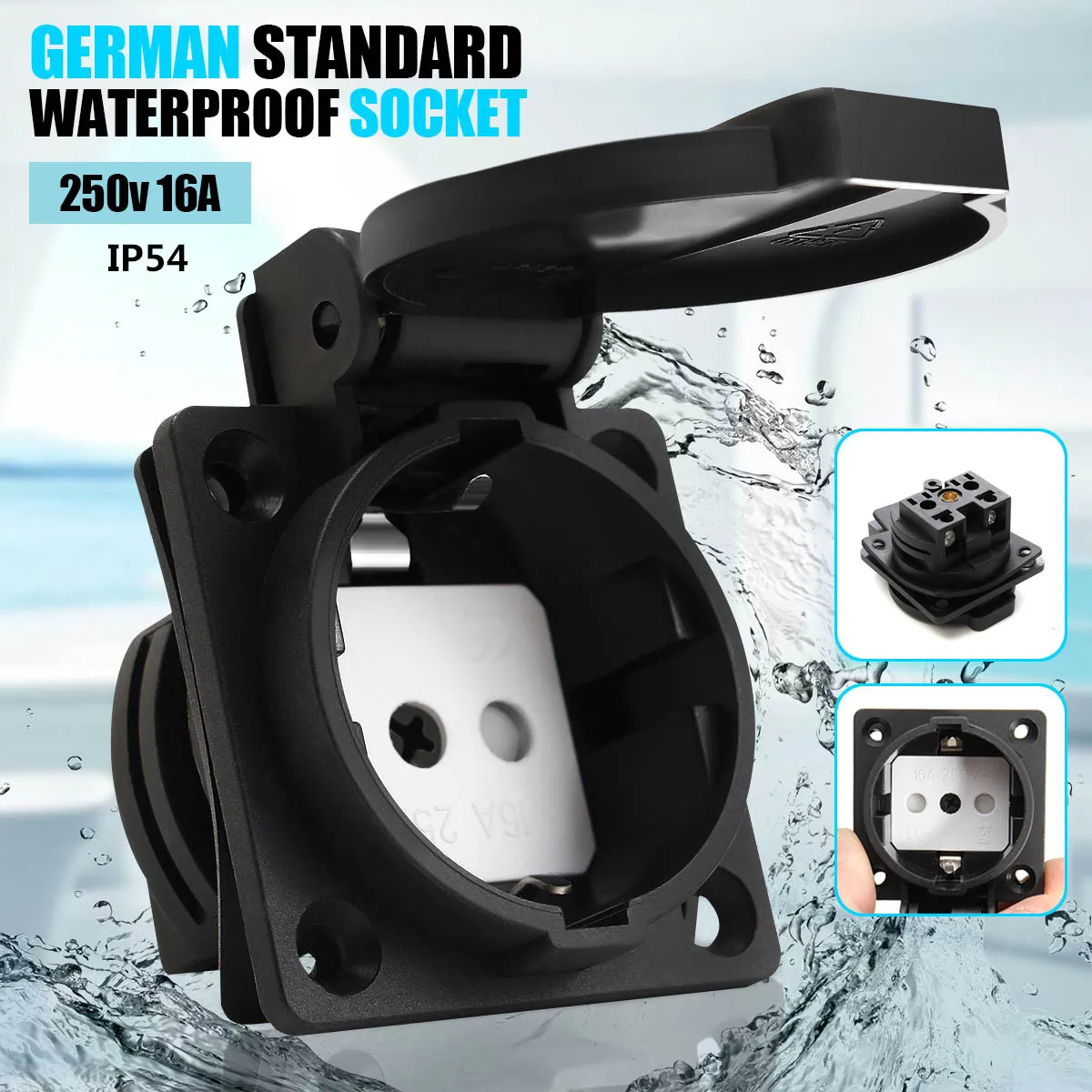 

250V 16A Black TUV Germany Waterproof Socket AC Power Socket German Industrial Plug Electrical Socket with Cover