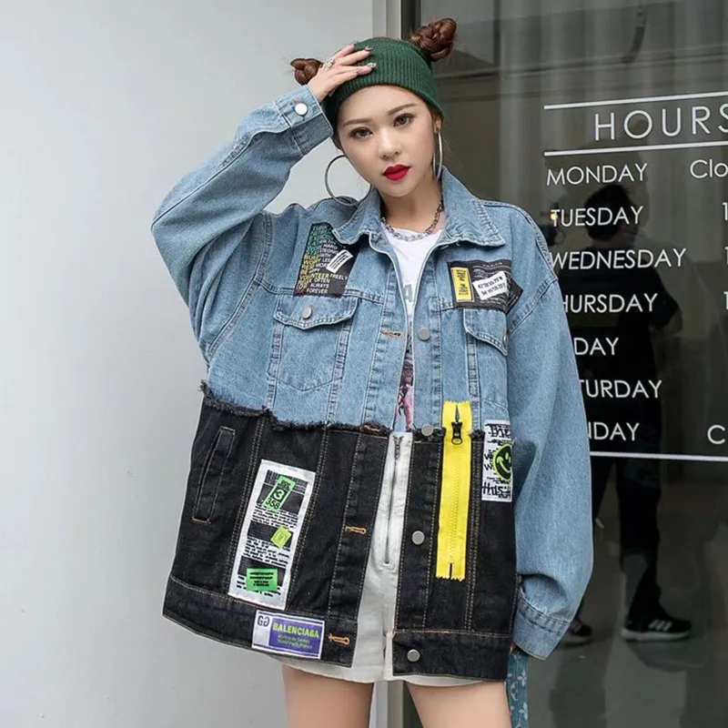 

Denim women's spring stitching printed patch loose fashion long-sleeved cardigan jacket Y773