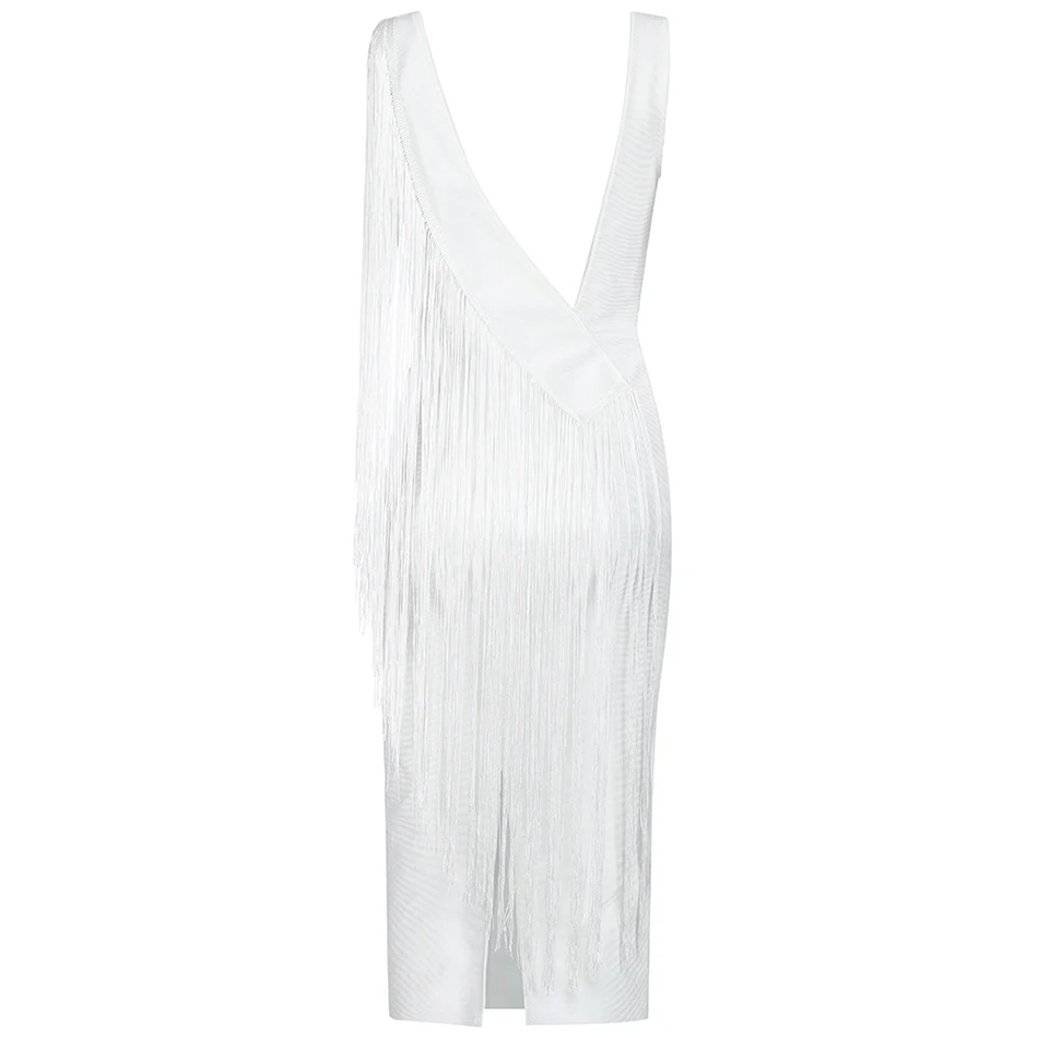 

2021 New Summer Lady Fringed Bandage Dress Vestidos Sexy V-Neck Sleeveless Backless Bodycon Club Midi Celebrity Party Dress