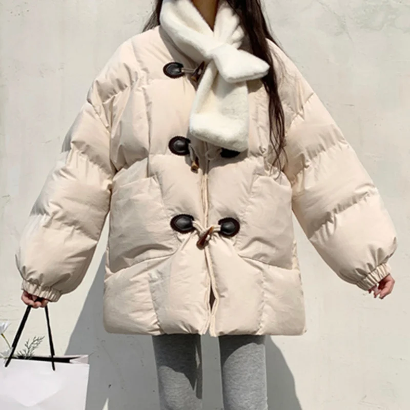 

Плотное хлопковое пальто с пуговицами Ox Horn, новинка зимнего сезона 2021, однотонное свободное теплое хлопковое пальто, женская мода средней д...