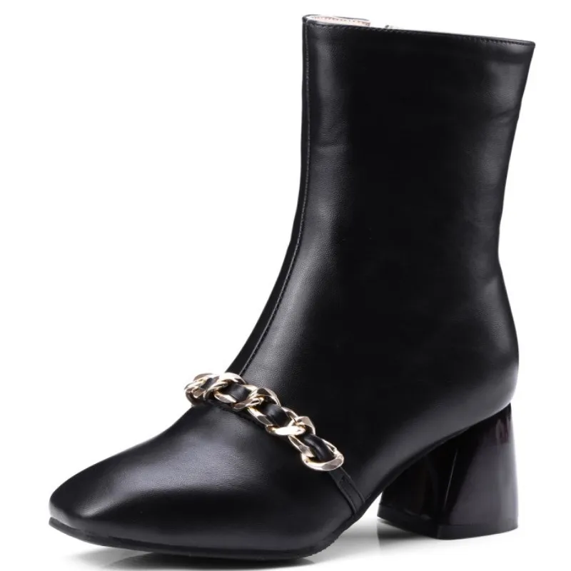 

Fanyuan Pu Leather Plus Size 32-46 Ankle Boots Metal Chain Sexy Women Zipper Chunky Heel New Design Fashion Short Boots