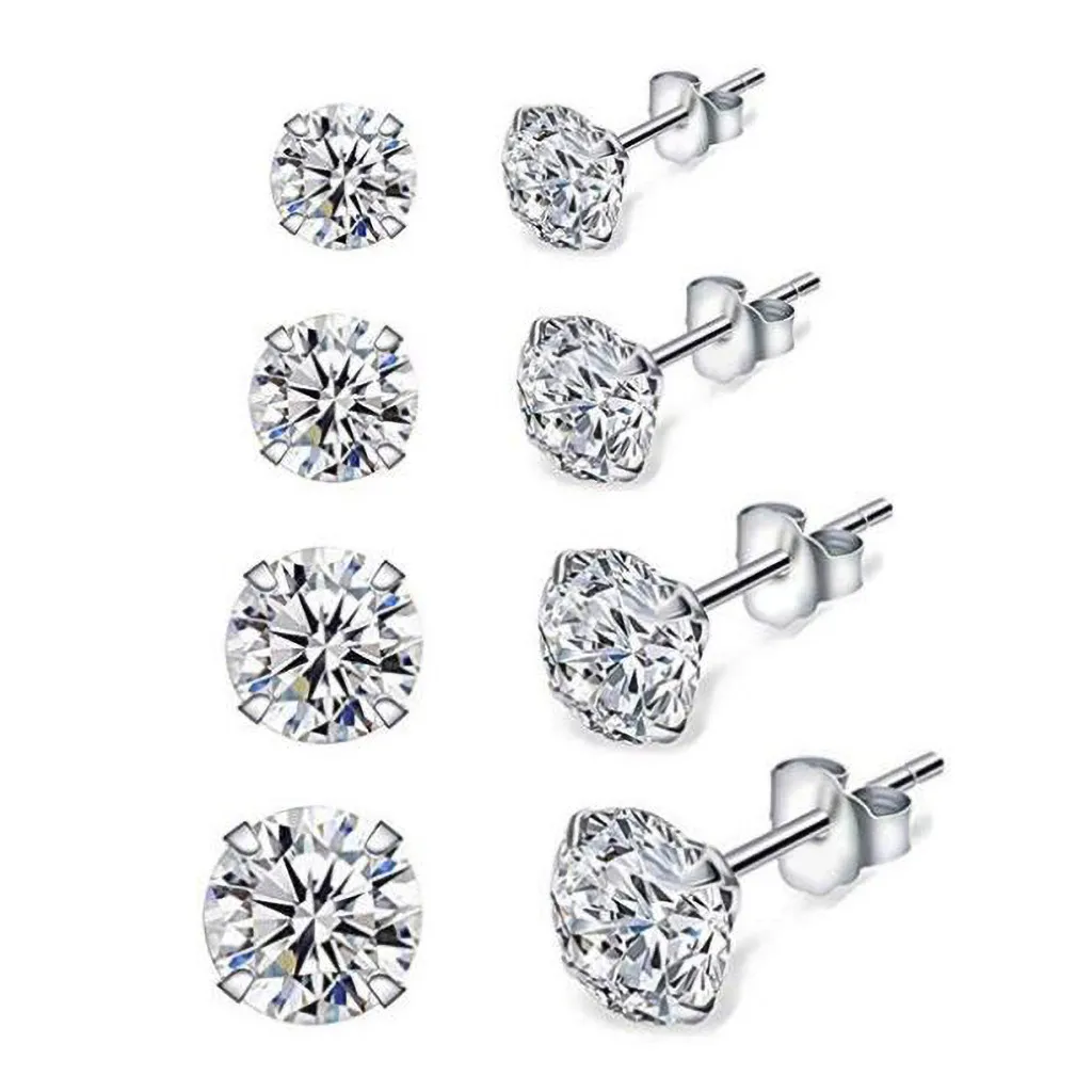 

925 Sterling Silver Stud Earrings Set For Women Clear Cubic Zirconia Geometric Six Claws Female Earring Fine Jewelry
