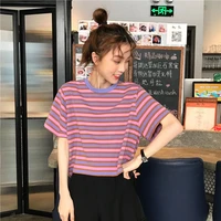 loose cute fashion red purple striped sexy summer crop top short sleeve women t shirt 2022 harajuku korean streetwear sweet sale