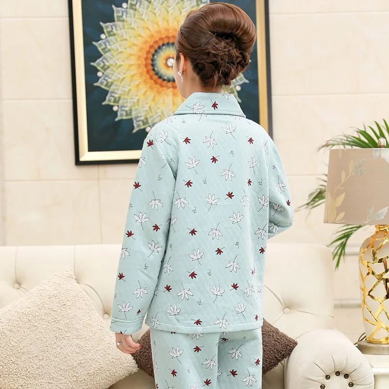 

Winter Women Maple Leaf Print Laminated Pajamas Thin Quilted Cotton Pajamas For Woman Keep Warm Casual Tracksuit Home Clothing