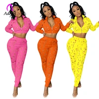 fitness women 2 piece set hollow out solid long sleeve zipper fly crop top high waist skinny pants matching set sexy tracksuits