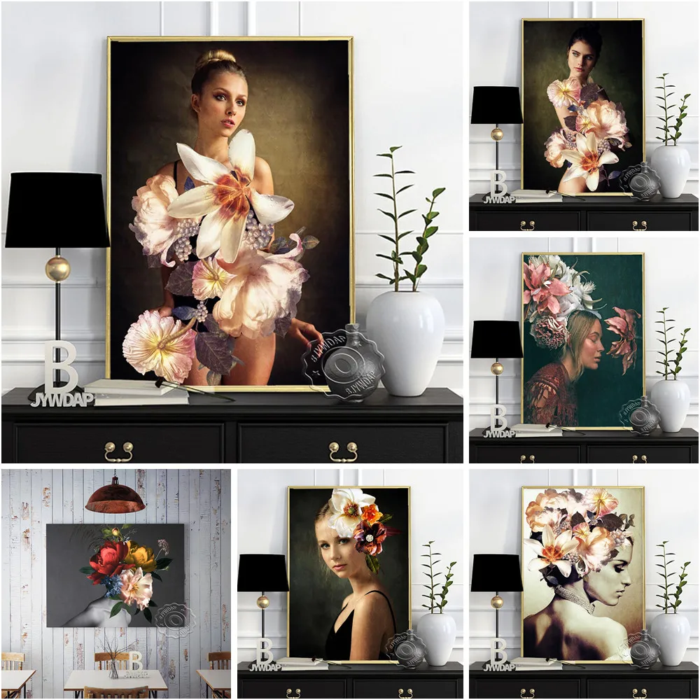 

Винтажная ПОРТРЕТНАЯ ФОТОГРАФИЯ, плакат с цветочным принтом, женская модель, Картина на холсте, Настенная картина для кафе, отеля, домашний ...