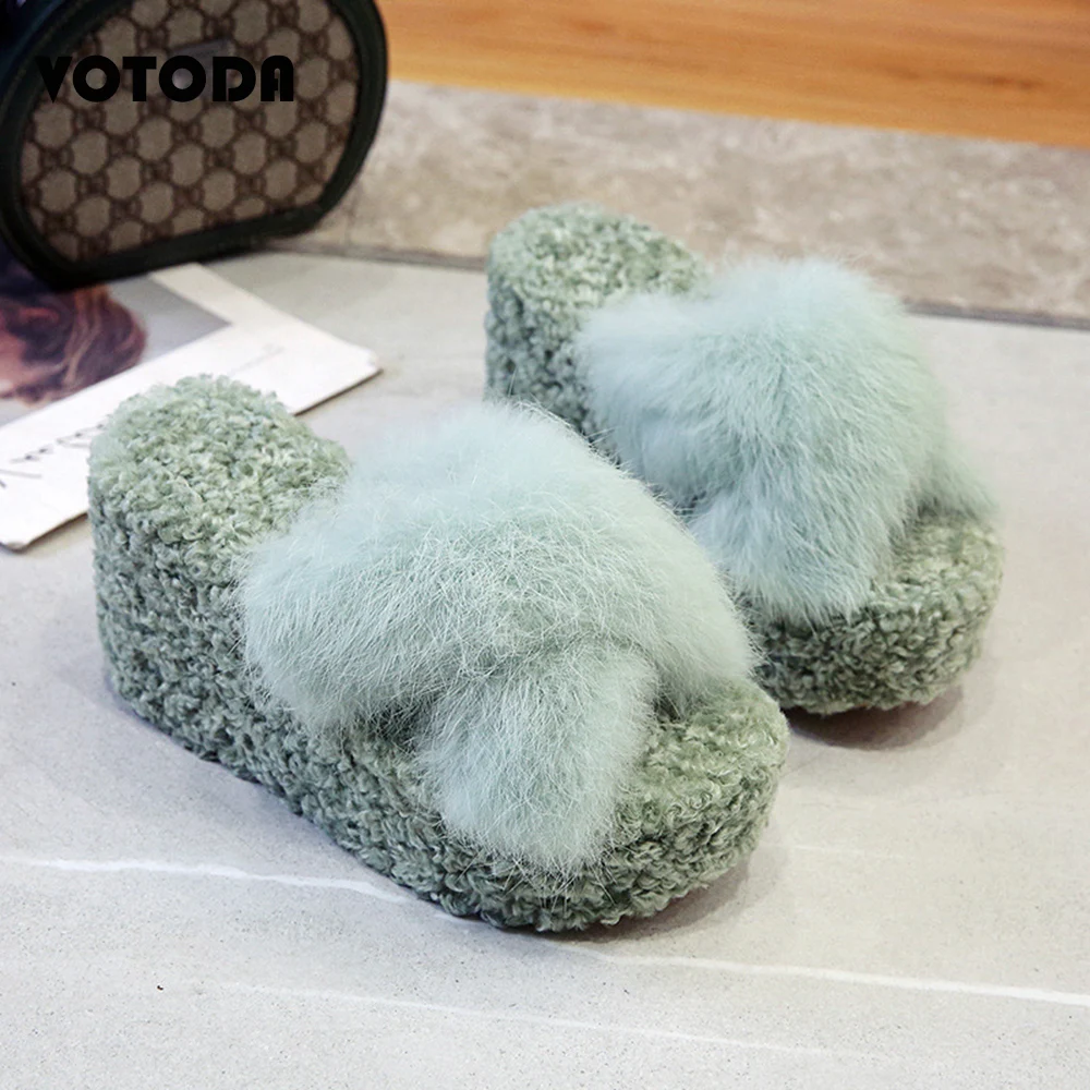 

Fashion Plush Slippers Women Furry High-heeled Slides Fluffy Faux Fur Flip Flops Warm Soft Home Slippers Ladies Winter Shoes