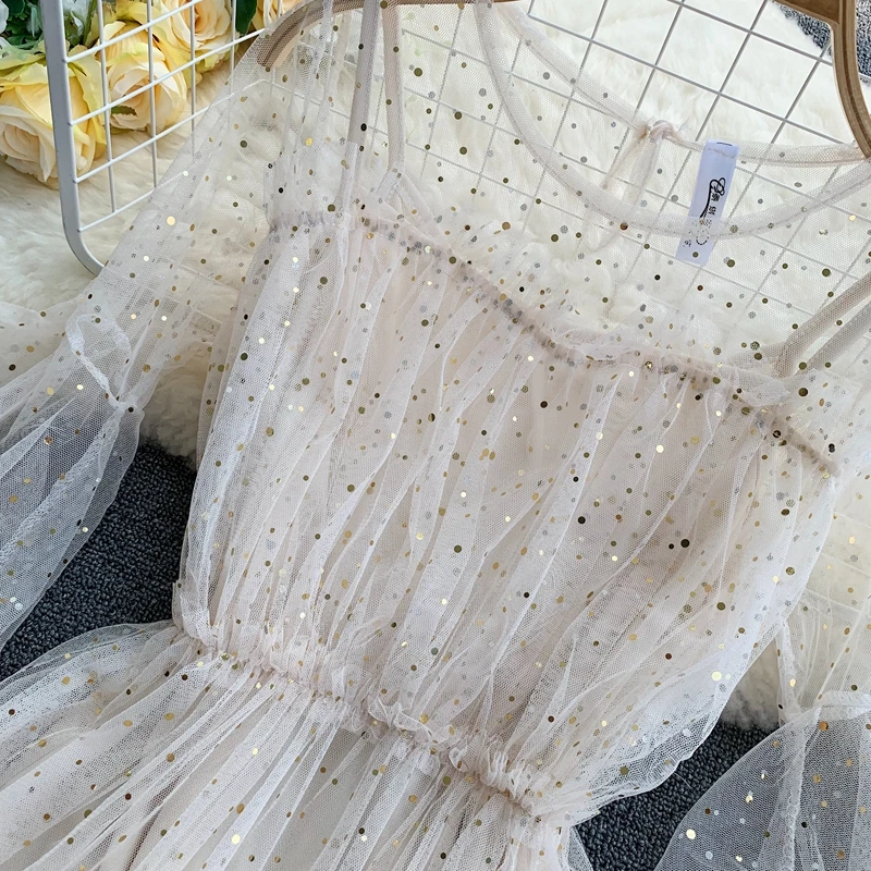 

spring summer new female O-neck stars sequined mesh shiny fairy dress women elegant bling gauze princess puff dresses