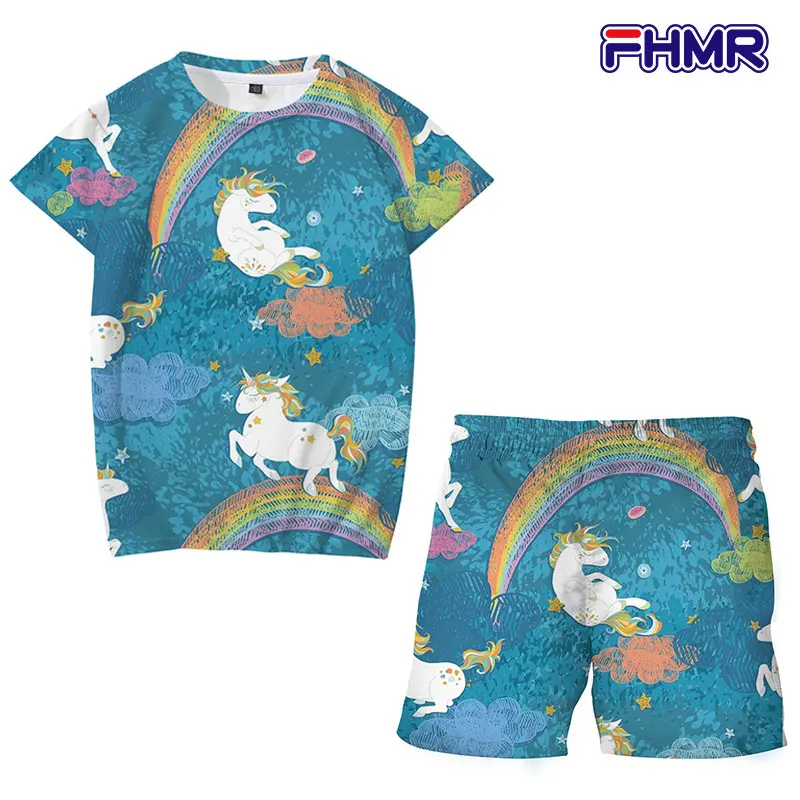 

2021 Summer Children's Unicorn Set Girl Cartoon Unicorn T-shirt + Shorts Cute 2PCS Clothes Funny Polyester Short Sleeve Set Kids