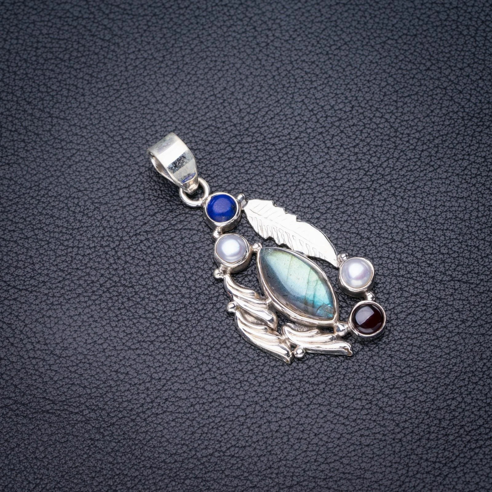 

StarGems Natural Blue Fire Labradorite Lapis Lazuli,Amethyst And River Pearl Handmade 925 Sterling Silver Pendant 2" E4188