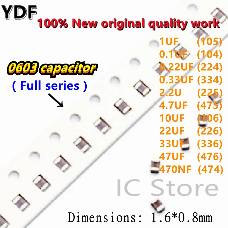(100pcs) 100% New 0603 Capacitance 1UF 0.1UF 0.22UF 0.33UF 2.2U 4.7UF 10UF 22UF 33UF 47UF 470NF 330PF...SMD K/M/Z 50V 16V X7R - купить по