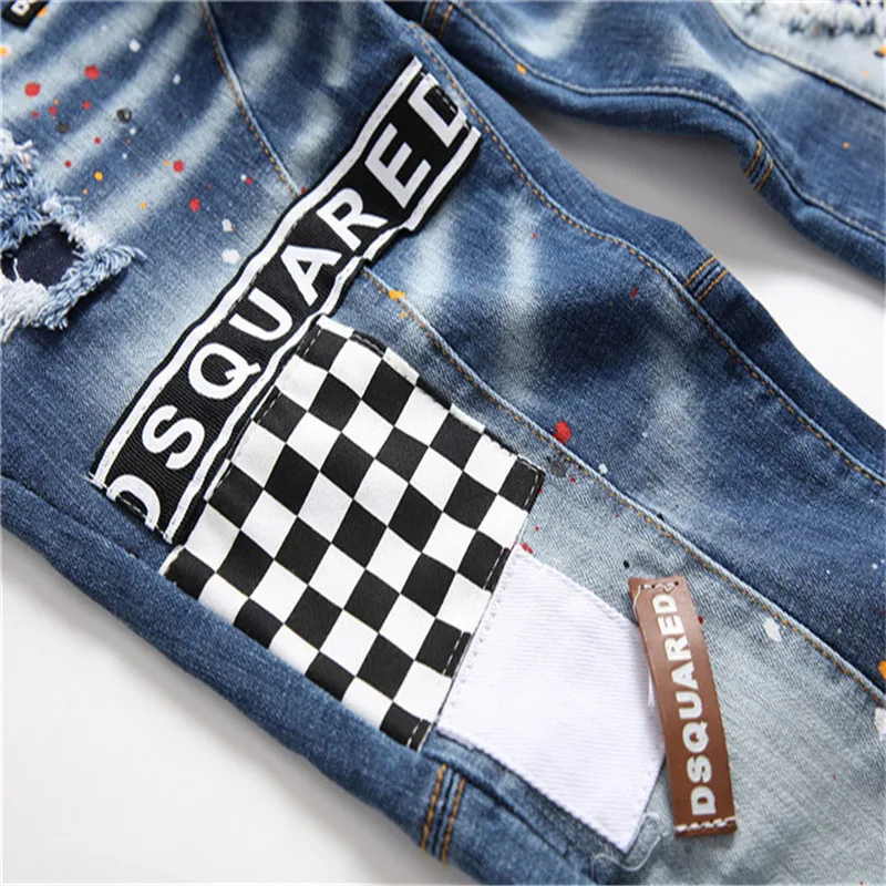 Men's Large Size Slimming Hole Taping Elastic Blue Tight Casual Fashion Versatile Waist Small Feet Jeans Pants