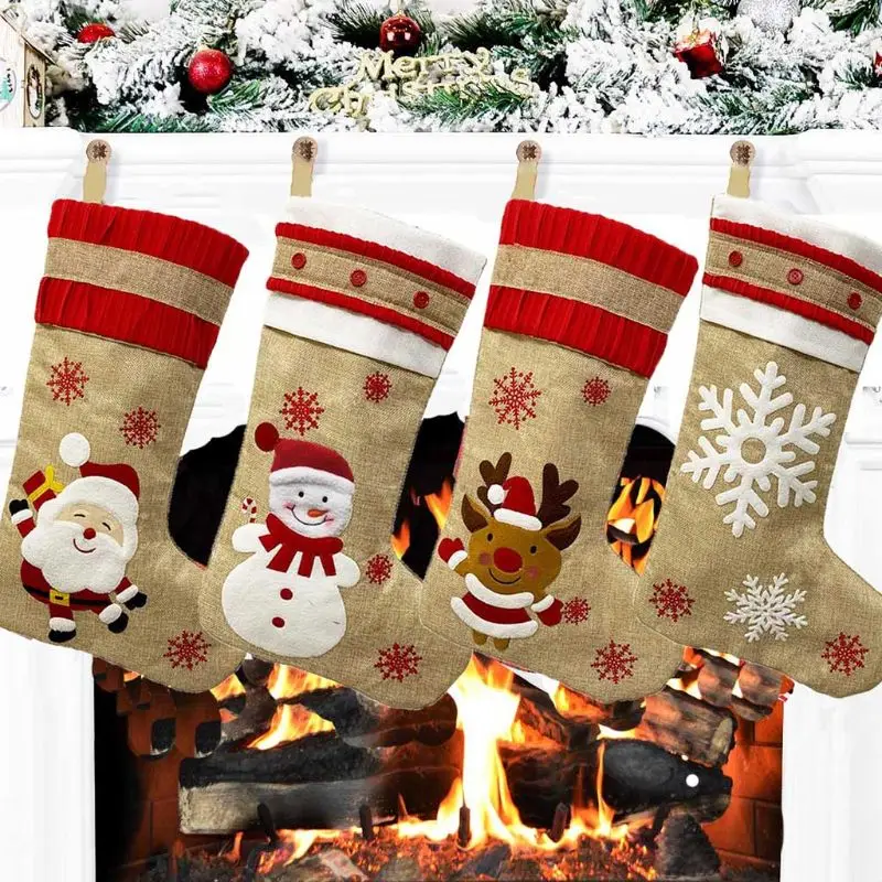 

4pcs/set Christmas Stocking Snowflake Santa Snowman Elk Gift Candy Bag Hanging Xmas Tree Fireplace Decoration Home Party Decor