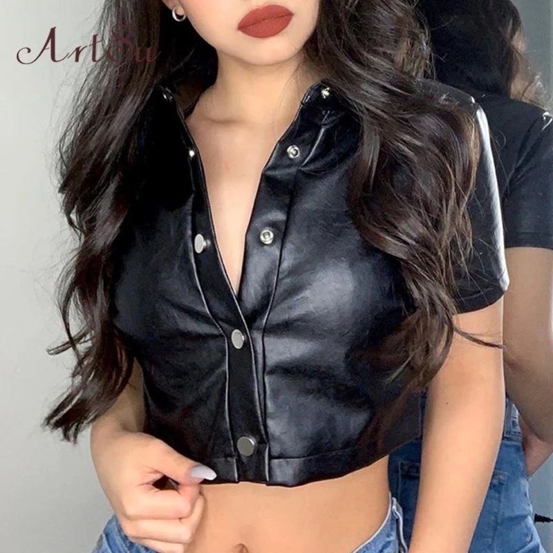 

Женская укороченная футболка из искусственной кожи Artsu, черные кожаные футболки с коротким рукавом, облегающий топ с v-образным вырезом