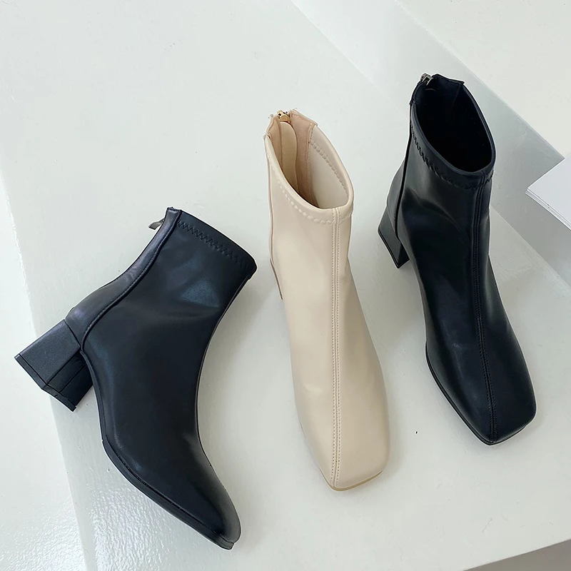 

Casual Ankle Boots Luxury Brand Designer Shoes Women Heels Booties Square Toe Female Autumn Short Boots 2020 New