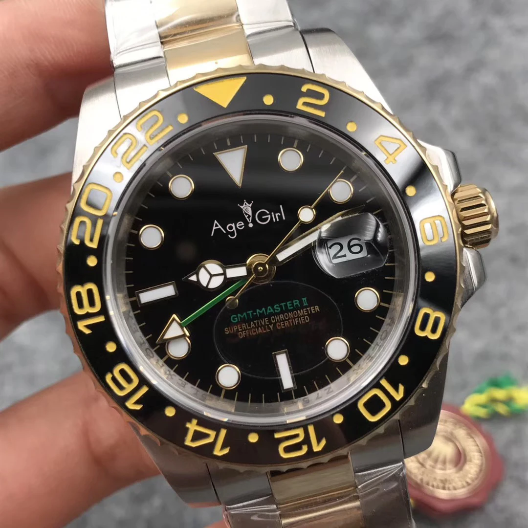 

Classic New Men Automatic Mechanical Watch Black Blue Red Ceramic Bezel GMT Stainless Steel Sapphire Luminous Gold Watch
