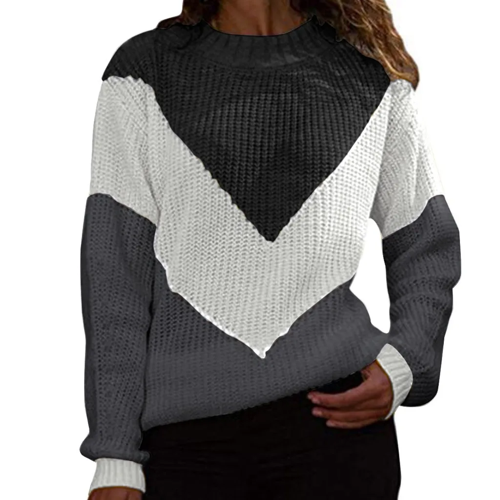 

Ladies Fashion Long Sleeve Contrasting Color Stitching Knitted Turtleneck Fall Winter Sweater Casual Knit Jumper Pullover Tops
