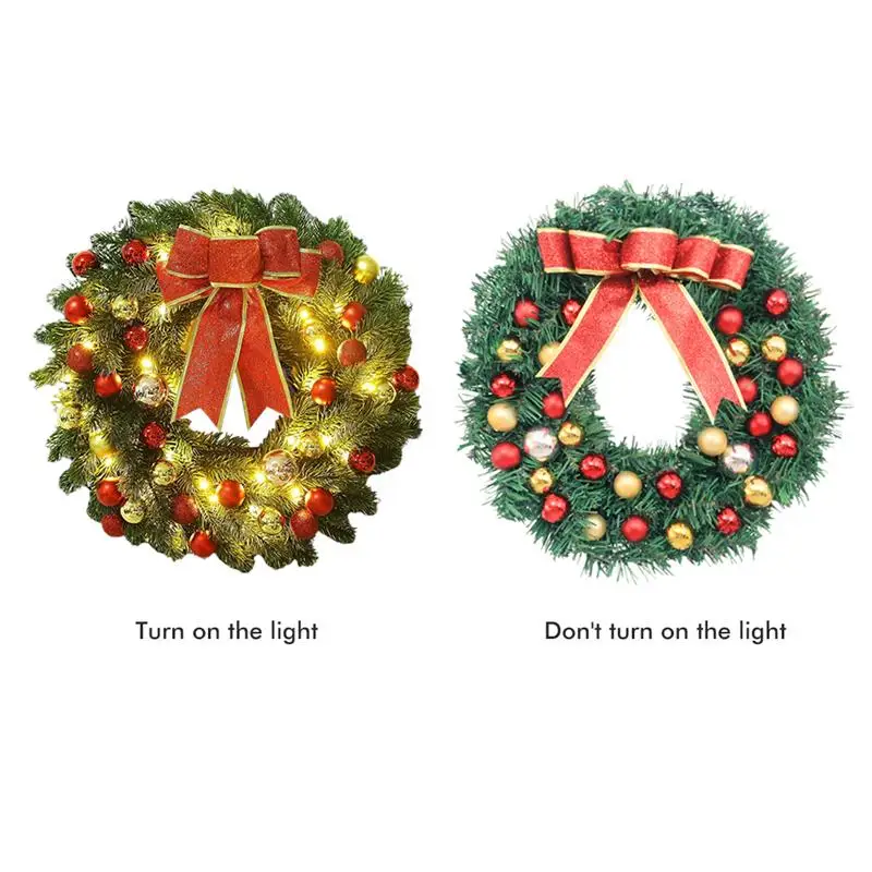 

30/40cm Christmas Wreath With LED String Christmas Hanging Rattan Ornament Wreath With Bow Xmas Decor For Home