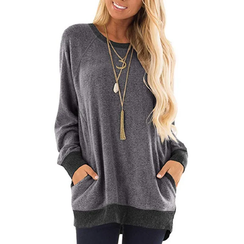 

Women's Round Neck Solid Pocket Sweater Long Sleeve Straight Sleeve Pullover Sweatshirt Casual T-shirt Simple Fashion Plus Size
