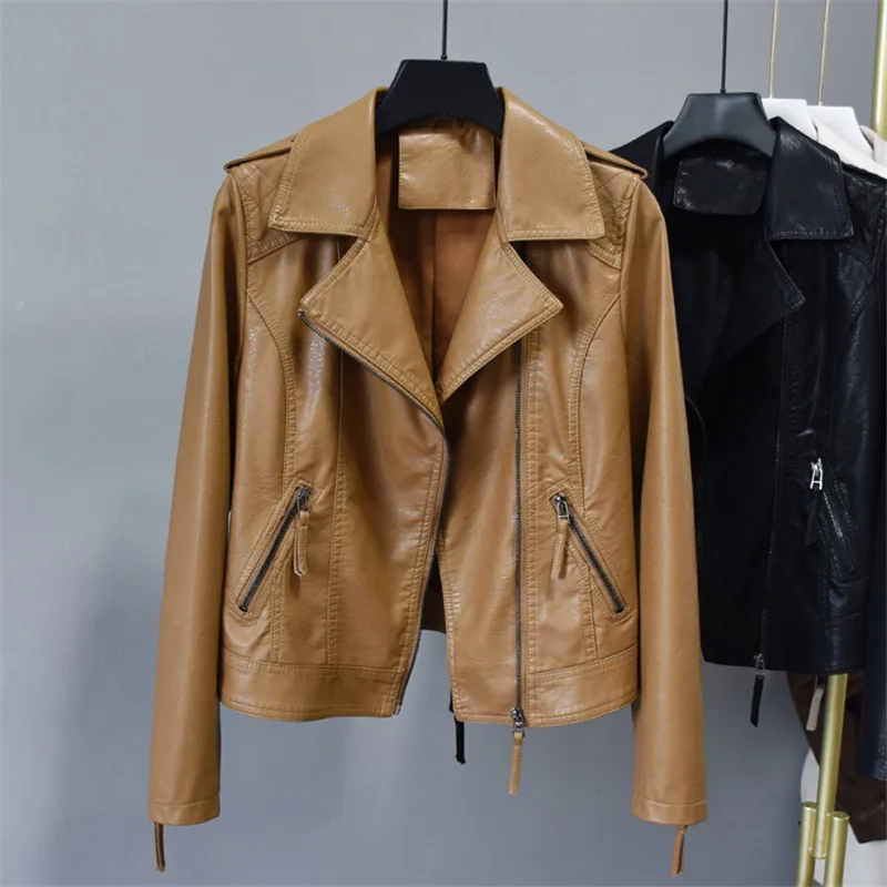 Leather Jacket Women Autumn 2022 New Fashion Suit Collar Waist Short Outerwear Long-Sleeve Slim Washed Leather Coat Female H1937