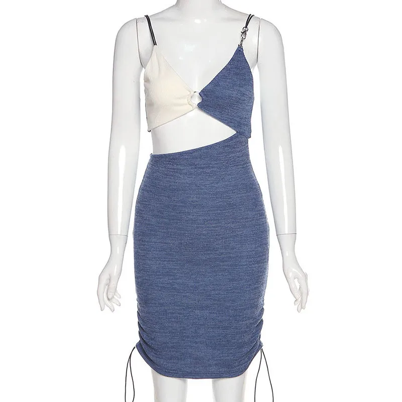 

Women's V-Neck Spaghetti Strap Backless Sleeveless Dress Color Contrast Sling Dresses for Summer ENDQ