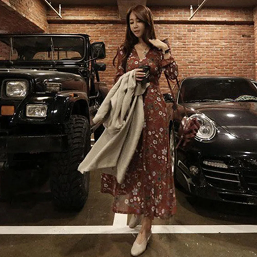 

Oversize Japan Women Chiffon Flower Printed Dress Long Sleeve Slim Thin V-neck Retro Mid-length Fashion Lady Dress