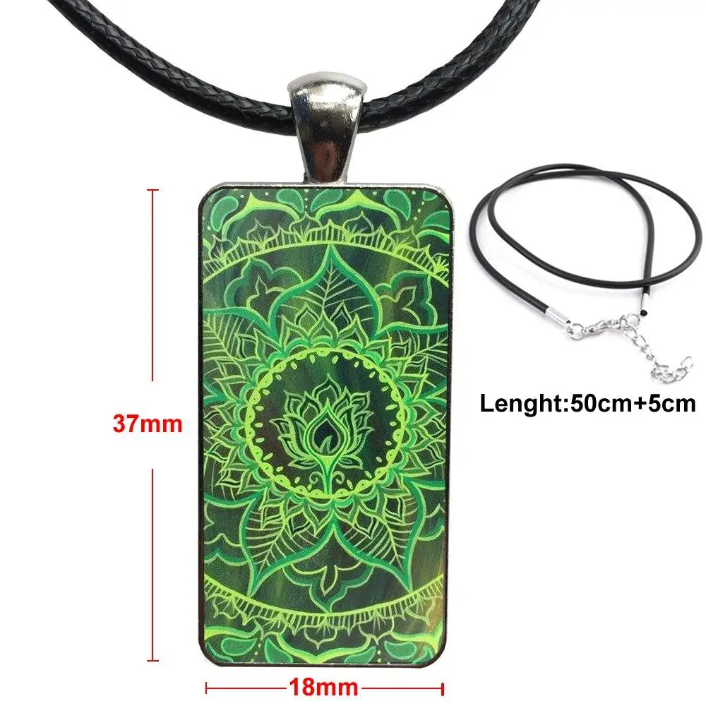 

Green Floral Mint Mandala For Women Christmas Gift Glass Cabochon Choker Pendant Rectangle Necklace Steel Color Jewelry