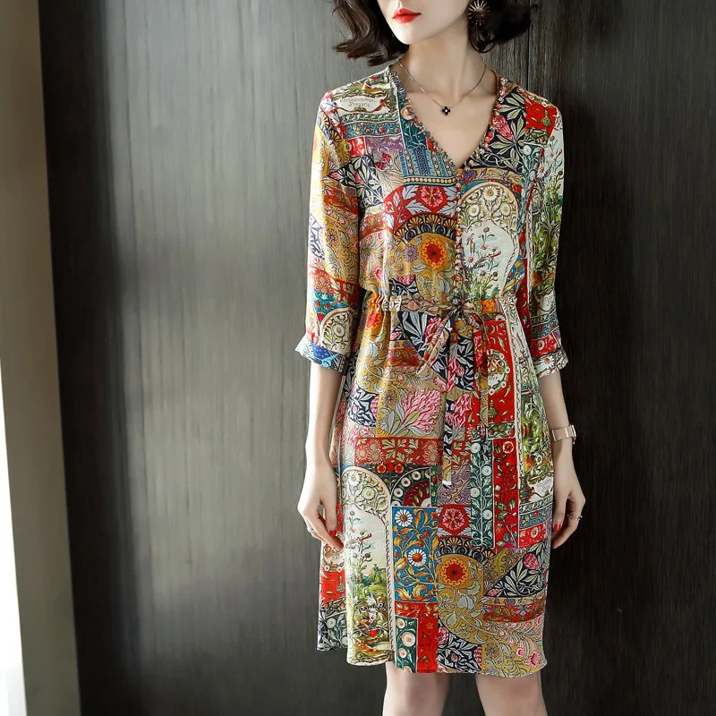 Женское шелковое платье с принтом трапециевидной формы из шелка тутового