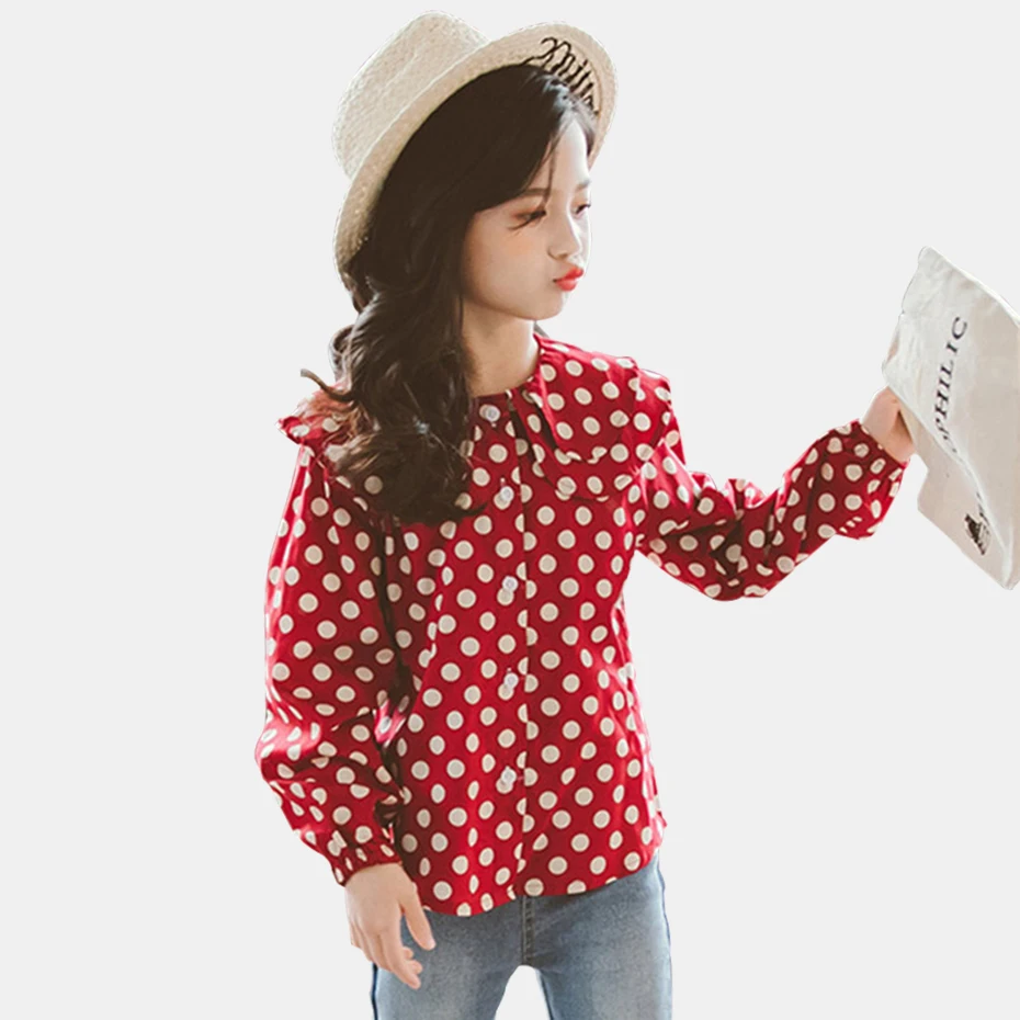 Блузка для девочек блуза в горошек длинная рубашка весенне осенние топы