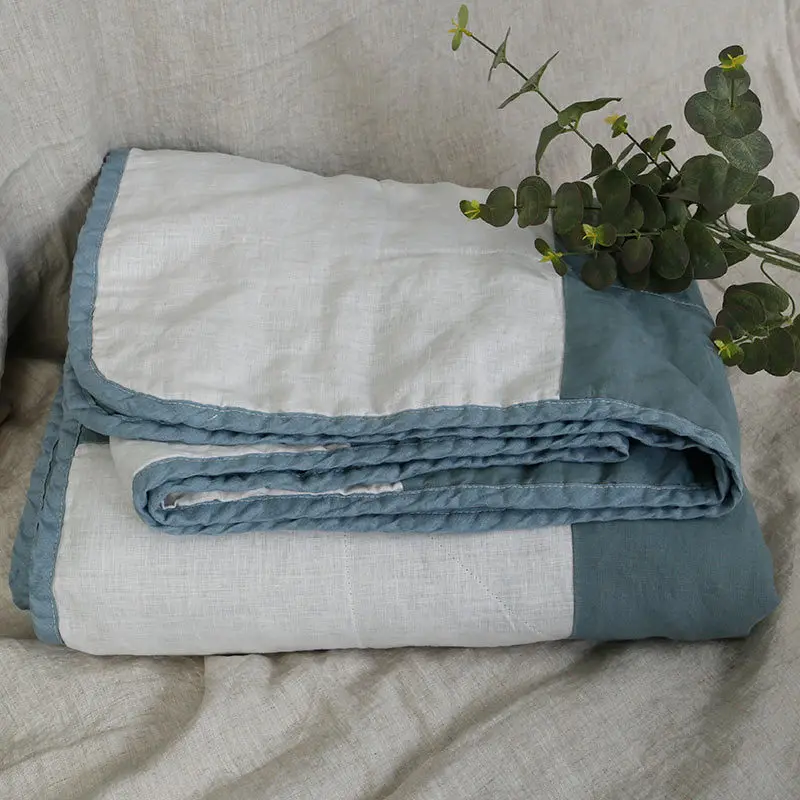 

Washable Pure 100% Linen Handmade Grid Summer Double Bed Blanket White and Blue Air Conditioner Soft Blanket Cover