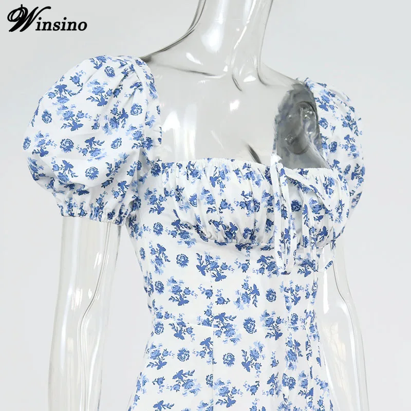 

Floral Print Dress Women Puff Short Sleeve Elegant Sexy High Split 2021Summer Flower Party Prairie Chic Sweet Long Dresses