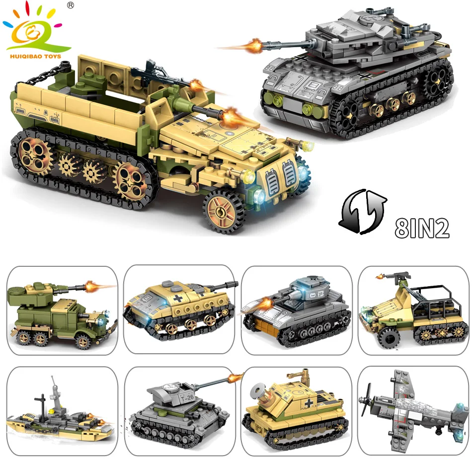 Игрушки HUIQIBAO, 1061 шт, армейские бронированные машины, строительные блоки для детей, мальчиков, военные танки, кирпичи для тележки