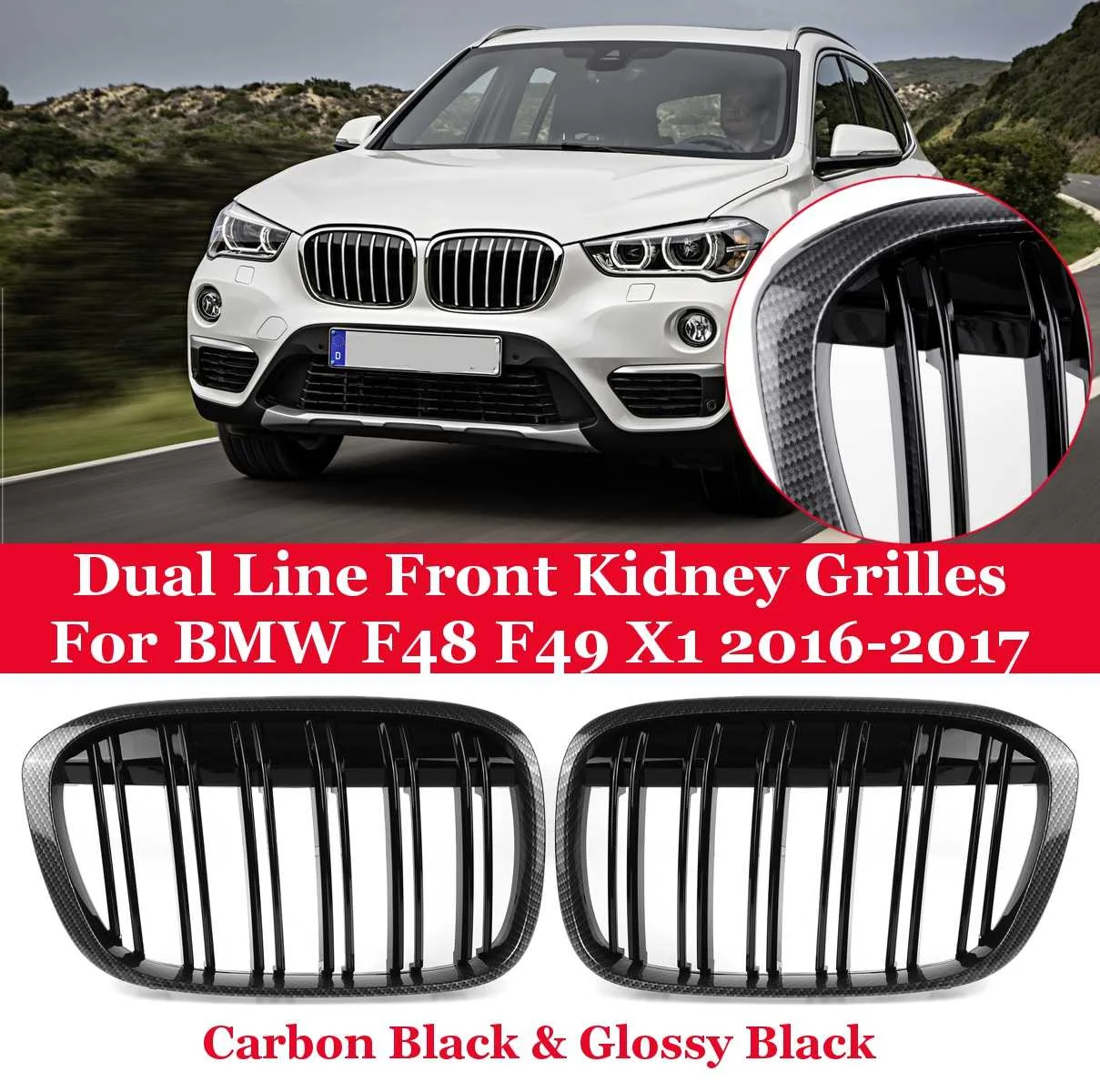 

Pair Car Carbon Gloss Black Dual Line 2 Slat Front Kidney Grilles Racing Grill Repalcement For BMW F48 F49 X1 2016 2017 Accessor