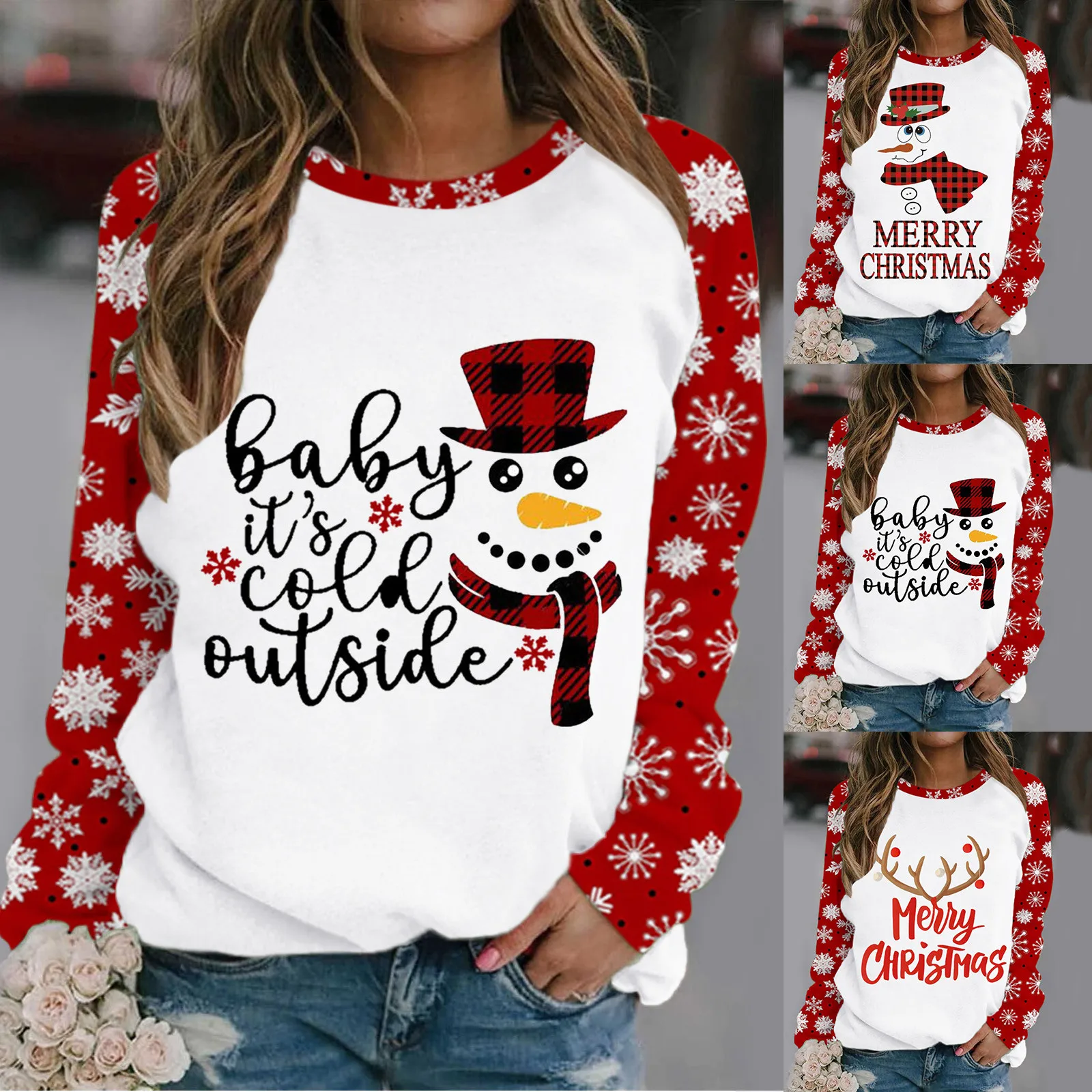 

Женский Рождественский топ, милая футболка с буквенным принтом, блузка с длинным рукавом, повседневный свитшот с круглым вырезом, свободные...