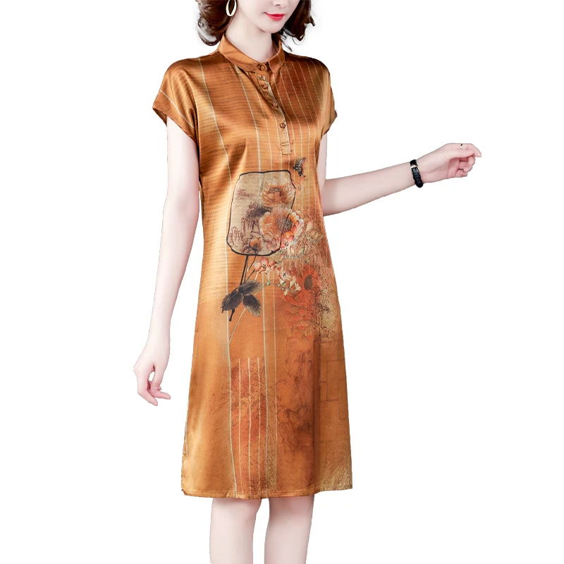 

Chinese style dress for women summer new Short-sleeved dress ladies improved cheongsam dress imitation silk elegance printing