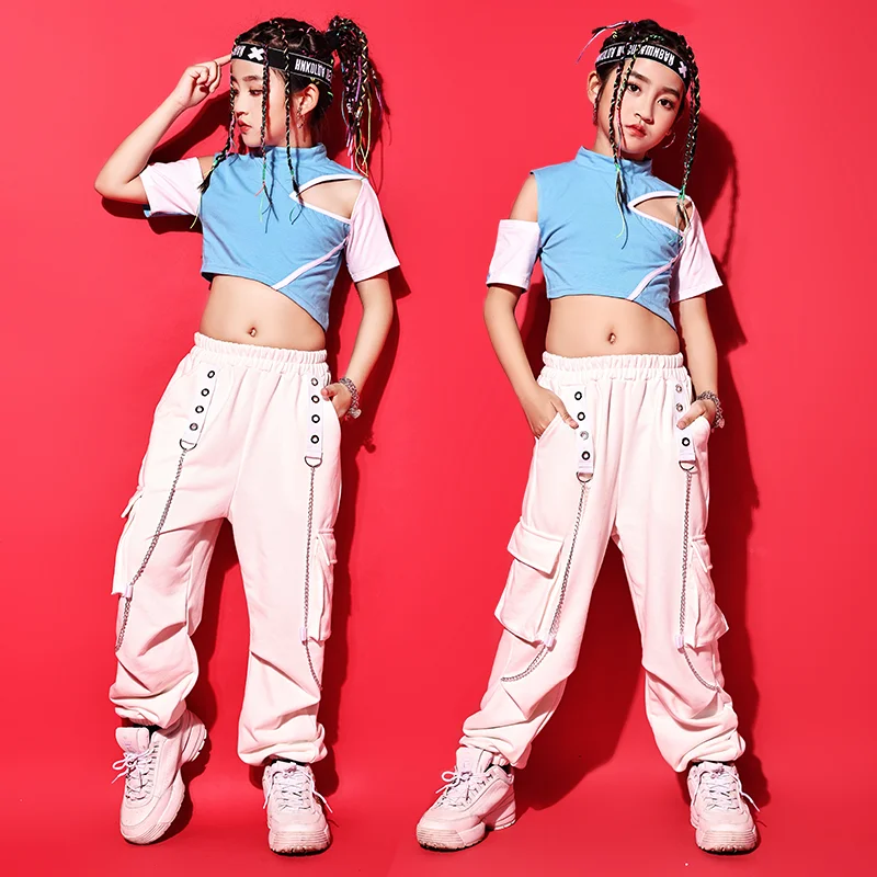 

Girls Jazz Dance Costumes Hip Hop Suit High Collar Stitching Short Sleeve White Trousers Catwalk Fashion Costumes WD0120