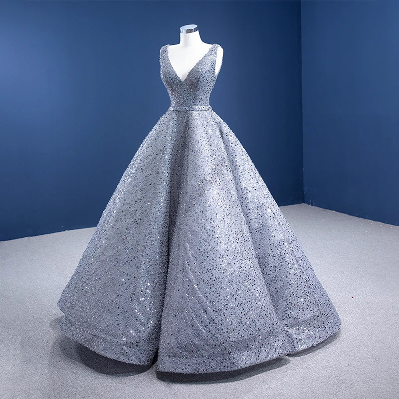 J67288 JANCEMBER Silver Gray V-neck Evening Dress Banquet Wedding Activity Frill Shiny Backless Gown robes de soirée