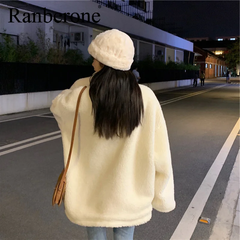 Ranberone Fashion Lamb Wool Autumn Winter Coat Women Jacket Oversized Warm Outerwear Female White Loose Tracksuit Women
