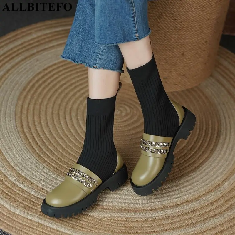 

Женские Водонепроницаемые сапоги ALLBITEFO, натуральная кожа, шерсть, вязание, платформа, уличная мода, размеры 34-40