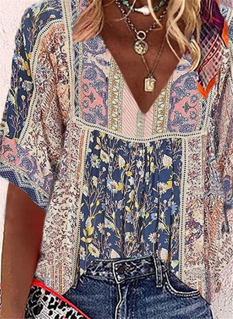 Женские футболки повседневные богемные глубокий v-образный вырез короткий рукав