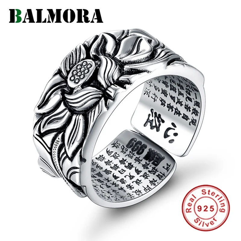BALMORA Real 999 Pure Silver Retro Lotus Flower Open Stacking Finger Ring For Men Women Buddhism Sutra Fashion Jewelry