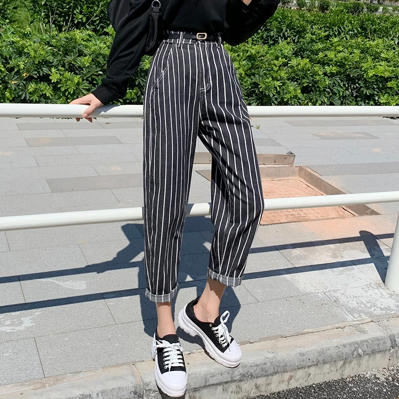 Винтажные полосатые женские джинсы шаровары прямые джинсовые брюки с высокой