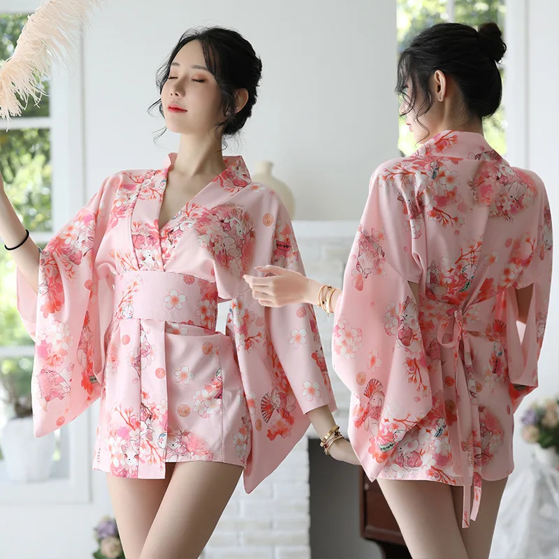 Халат-кимоно Женский атласный, пикантный мини-халат для сна в японском стиле, один размер, 45-65 кг, весна-лето