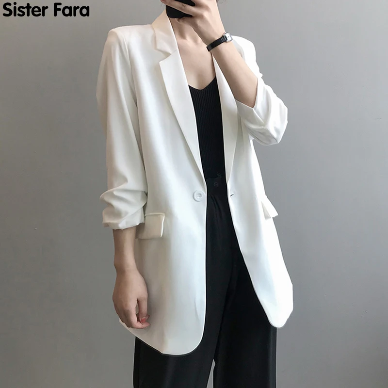 

Sister Fara New Women's Spring Thin Jacket Blazer Fashion Notched Single Button Elegant Autumn Jacket Female Oversize Women Coat