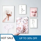 Рождественская Картина на холсте розовая роза бабочка цветок лебедь линия искусство скандинавские плакаты и принты настенные картины для декора гостиной