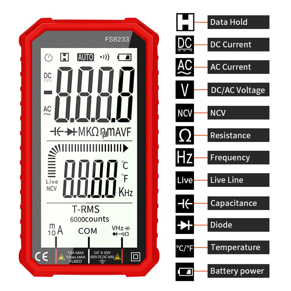 

Digital Multimeter Full Screen Automatic Voltage Current Transistor Tester DC AC Electrical Capacitance Ohm Meter NCV Hz Meters