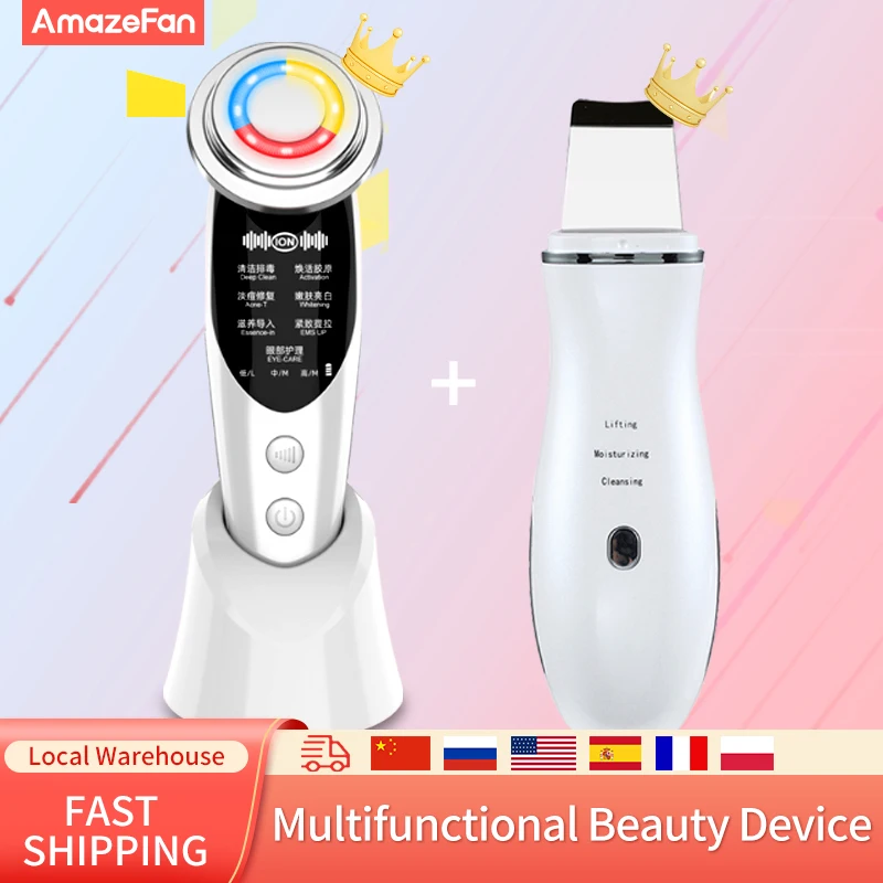Goede 7in1 Rf & Ems Photon Gezichtsverzorging + Ultrasone Scrubber Cavitatie Peeling Gezicht Massager + Ultrasone Reiniging Schoonheid Instrument