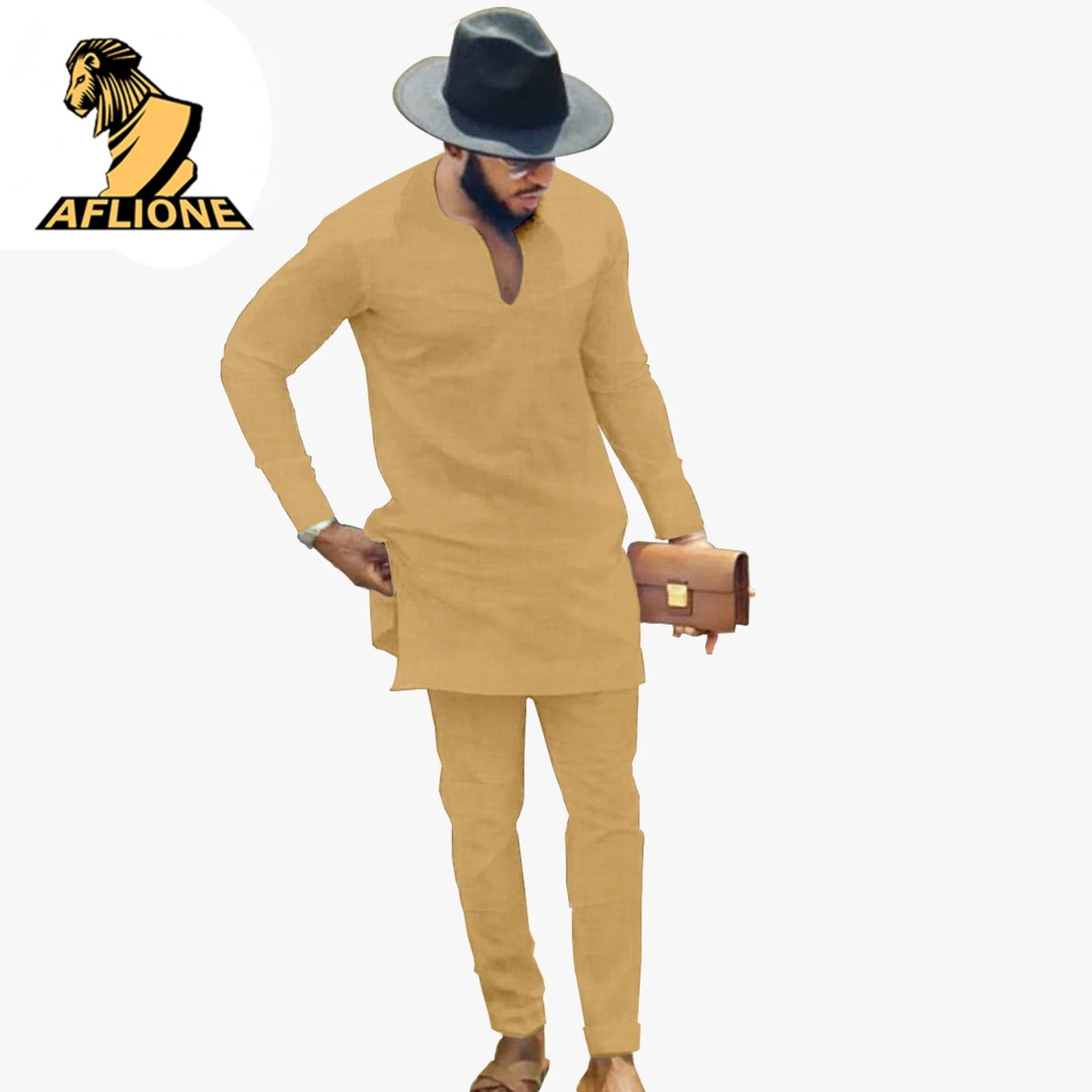 New Spring 2021 African Clothes For Men Dashiki Style Outfits For Men Matching Sets Solid Color V Collar Long Sleeve Robe Suit
